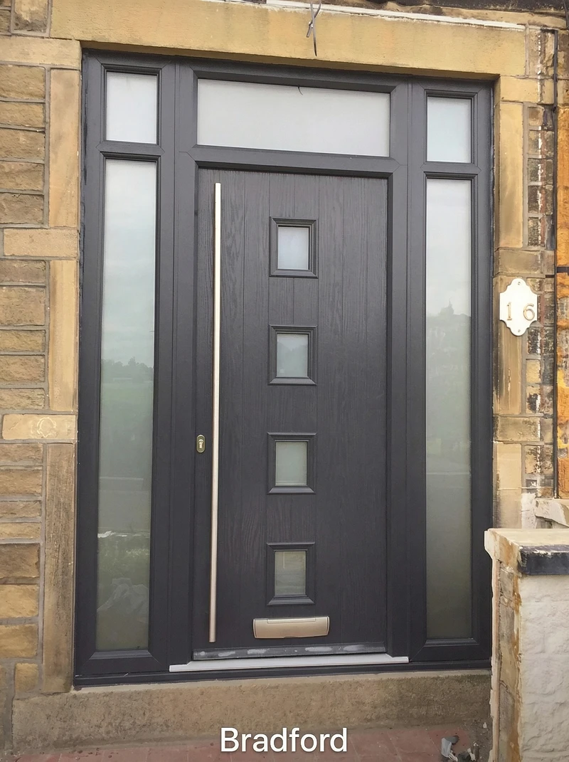 Anthracite composite door with sidelights on Yorkshire stone house — Bradford installation